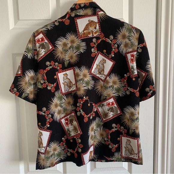 Vintage Cheetah Palm & Floral Black Button Front Short Sleeve Shirt - Picture 5 of 10